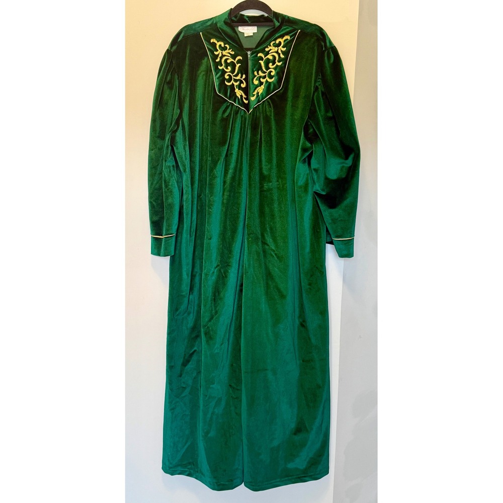 Heather Collection Green Velour Zip Front Robe Gold Embroidery Maxi Lounger 3X